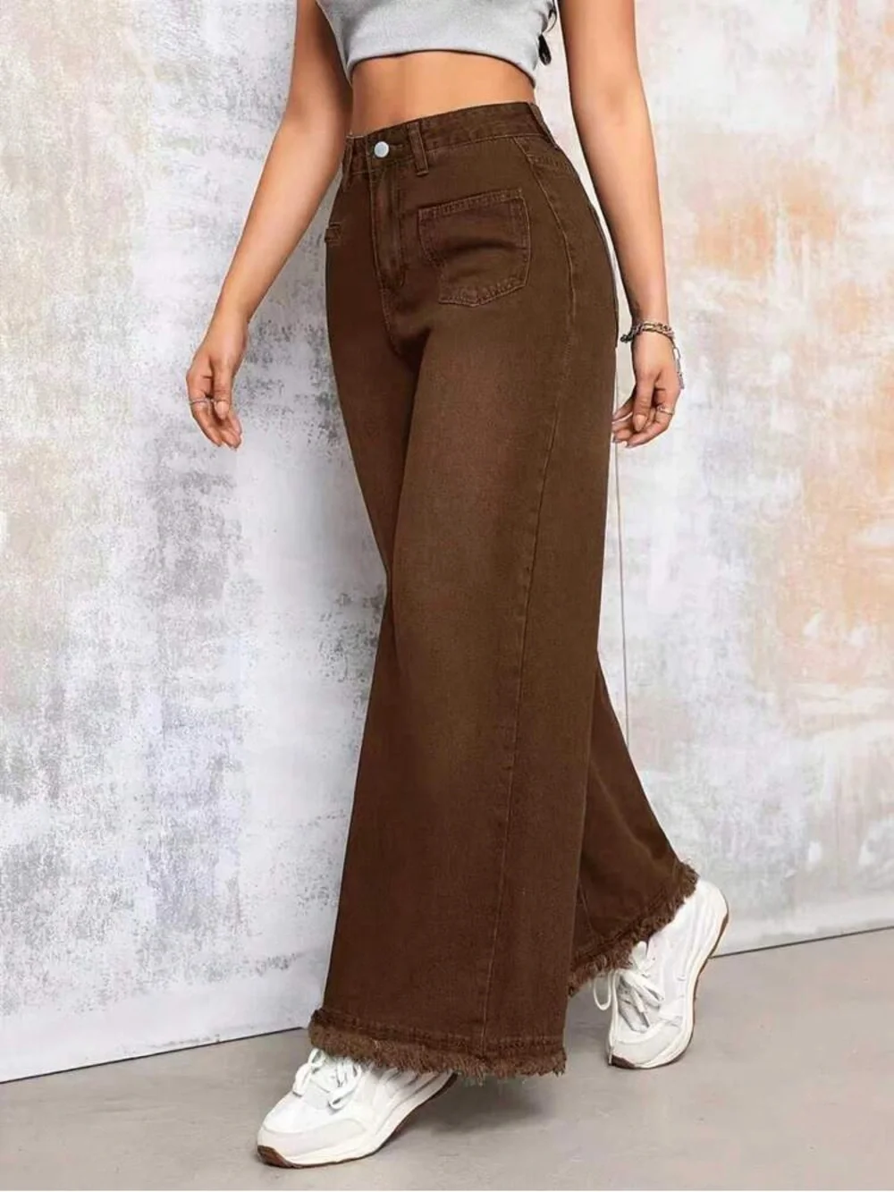 SHEIN Wide-Leg Mid-Rise Denim Jeans Raw Hem Coffee Brown Stretch Size 8/10